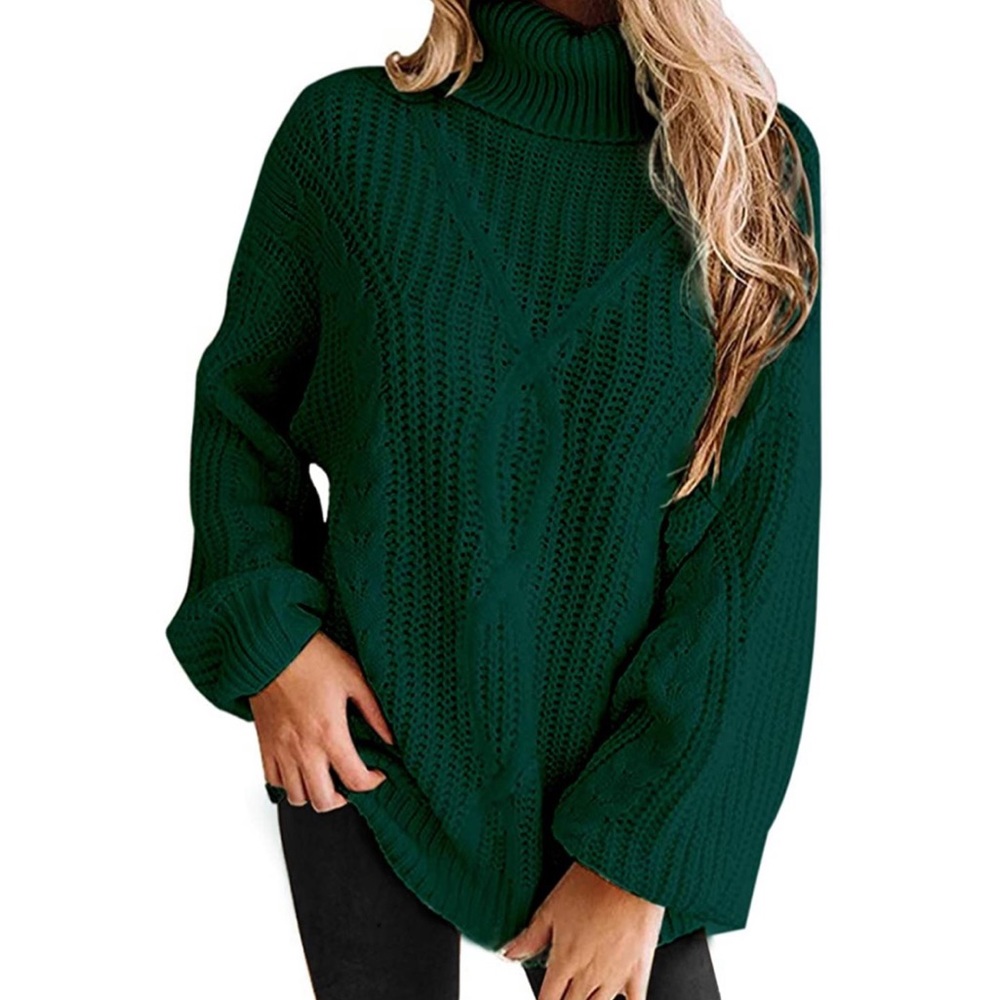 Turtleneck Sweater Cable Knit Oversized Pullover - Picture 3 of 6